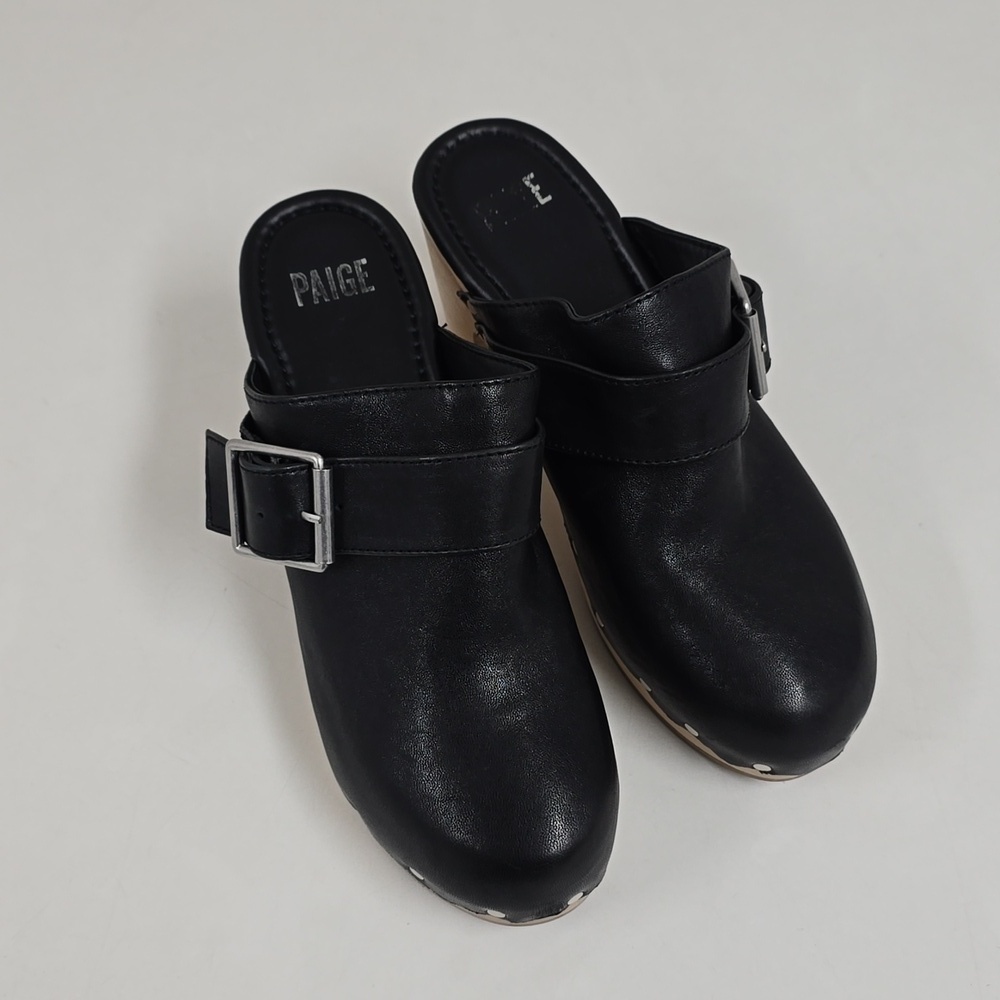 Paige wood clogs with black leather uppers